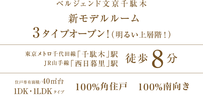 ベルジェンド文京千駄木 2015年2月DEBUT会員募集中！ 東京メトロ「千駄木」駅 JR「西日暮里」駅徒歩8分 住戸専有面積/40㎡台 全戸角住戸 全戸南西向き