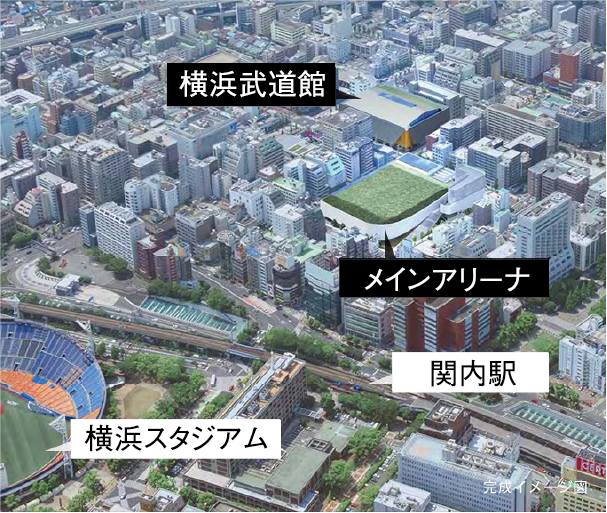 現横浜文化体育館敷地にメインアリーナ施設、旧横浜総合高校敷地にサブアリーナ施設（横浜武道館）整備予定